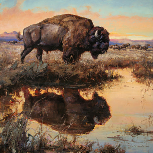 A painting of a herd bull standing in a field with a reflective water body and a sky background.